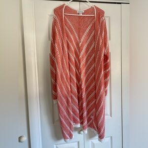 Christopher & Banks Coral and White Open-Knit Cardigan